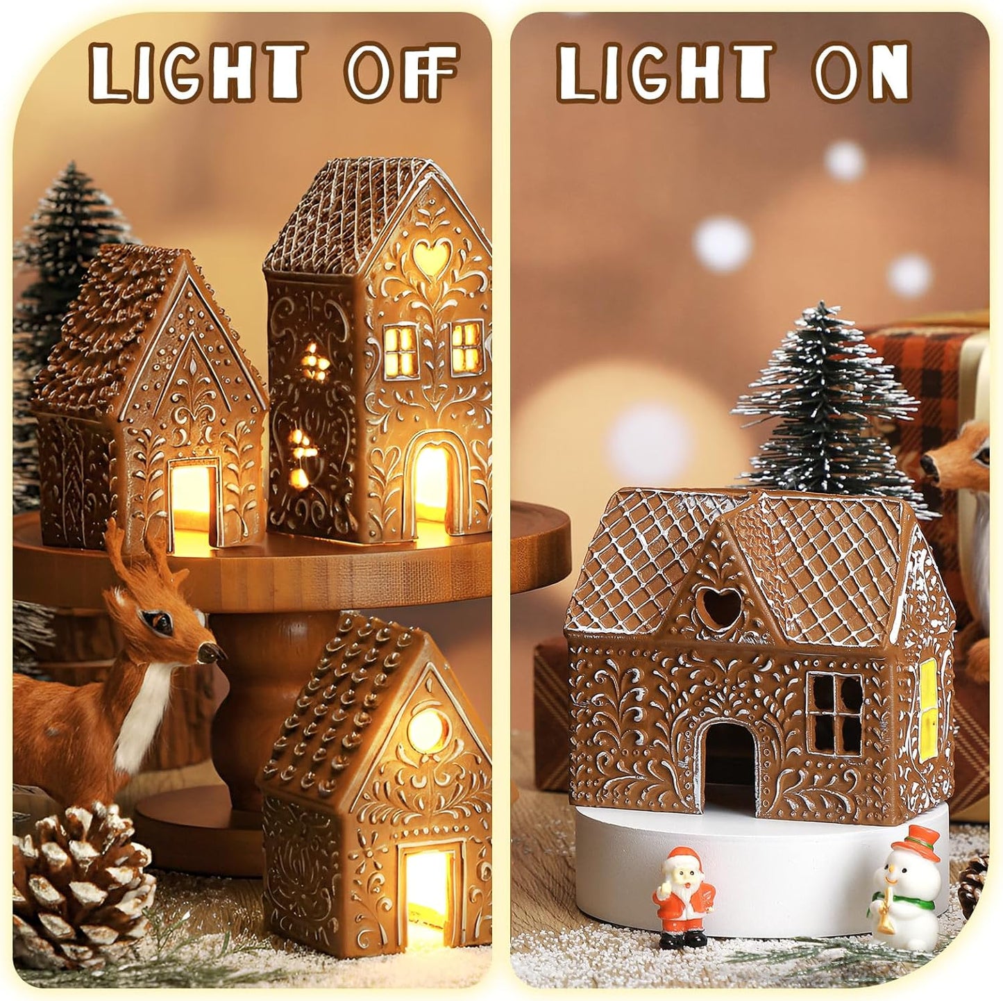 Thyle Christmas Gingerbread House Decoration - 4 Pcs LED Lighted Resin Village Figurines for Holiday Decor