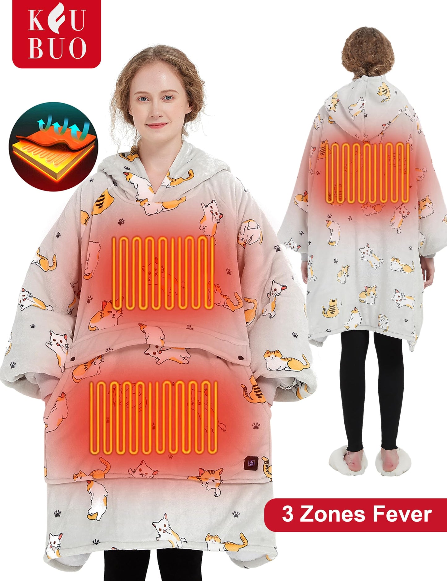 KFUBUO Heated Electric Wearable Blanket Throw Battery Operated Portable USB Cordless Outdoor Hoodie Sweatshirt (Heated Blanket Cats)