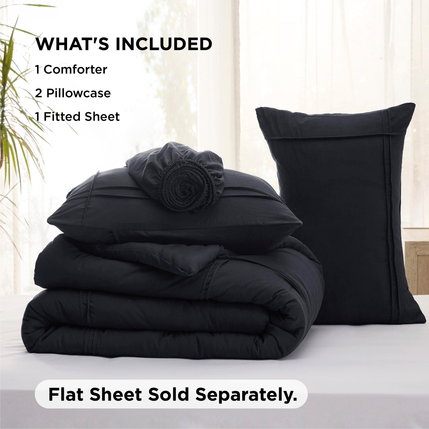 Bedsure California King Comforter Set with Sheet - 4 Pieces Soft Black Bedding, Grid Pinch Pleat, All Season Lightweight Fluffy Bed Set with Solid Boho Comforter, Pillowcases & Sheet