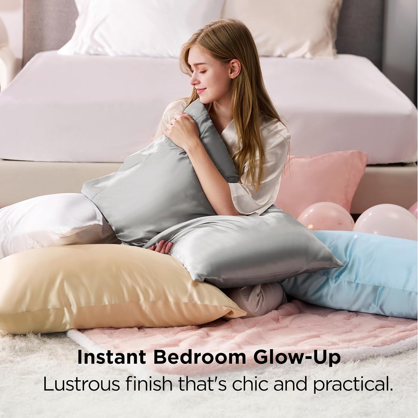 Bedsure Satin Pillowcases - Queen Size Set of 2 | Pure White Cooling Pillow Cases for Sleep, 20x30 Inches