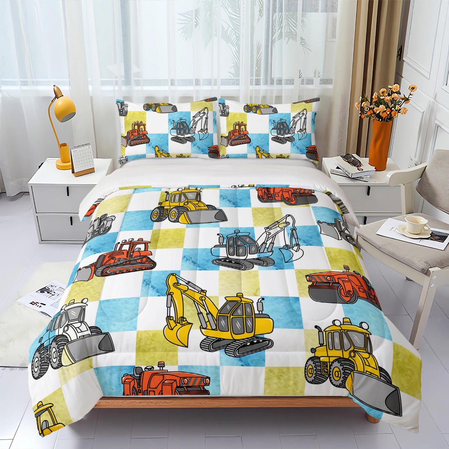 Boy's Construction Truck Comforter Set Full,Orange,and Yellow Truck 3 Pieces Bedding Set for Kids Boys Teens,Blue and Yellow Plaid Microfiber Lightweight Quilt Bedroom Decor with 2 Pillow Cases