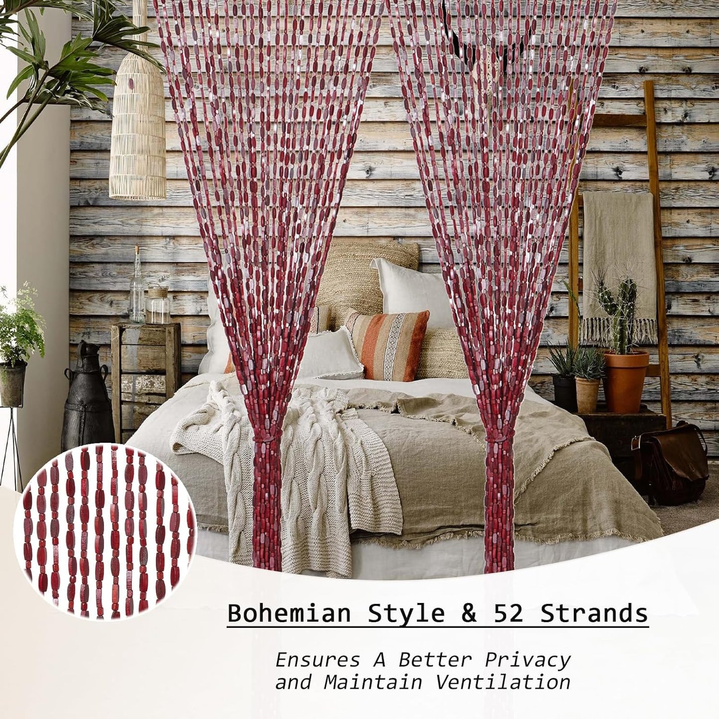 35.5" x 75" Bamboo and Wood Beaded Curtain for Doorway 52 Strands Handmade Bohemian Door Beads Curtain Boho Hanging Room Divider for Bedroom Living Home Deco, Beige