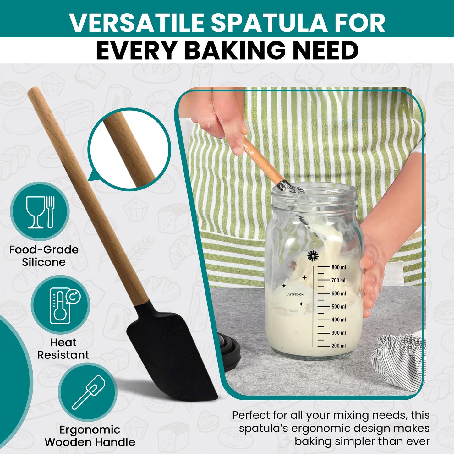 Lina e Mama 34 Oz Sourdough Starter Jar | Sourdough Starter Kit | Wide Mouth Sour Dough Kit with a Wooden & Aluminum Lid, Spatula, and Funnel | Sour Dough Jar for Beginners and Pros