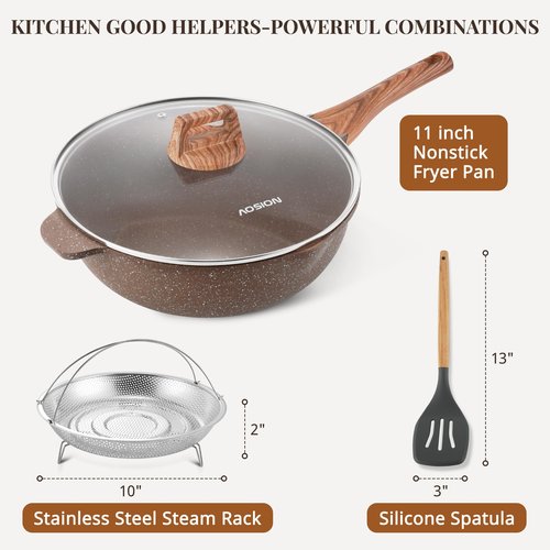 AOSION 11 Inch Nonstick Ceramic Deep Frying Pan Skille with Lid,5QT Sauté Pan for Cooking with Steam Rack,Healthy Large Skillet,Stay Cool Handle, Induction Compatible, PFOA & PFAS Free. (BROWN)