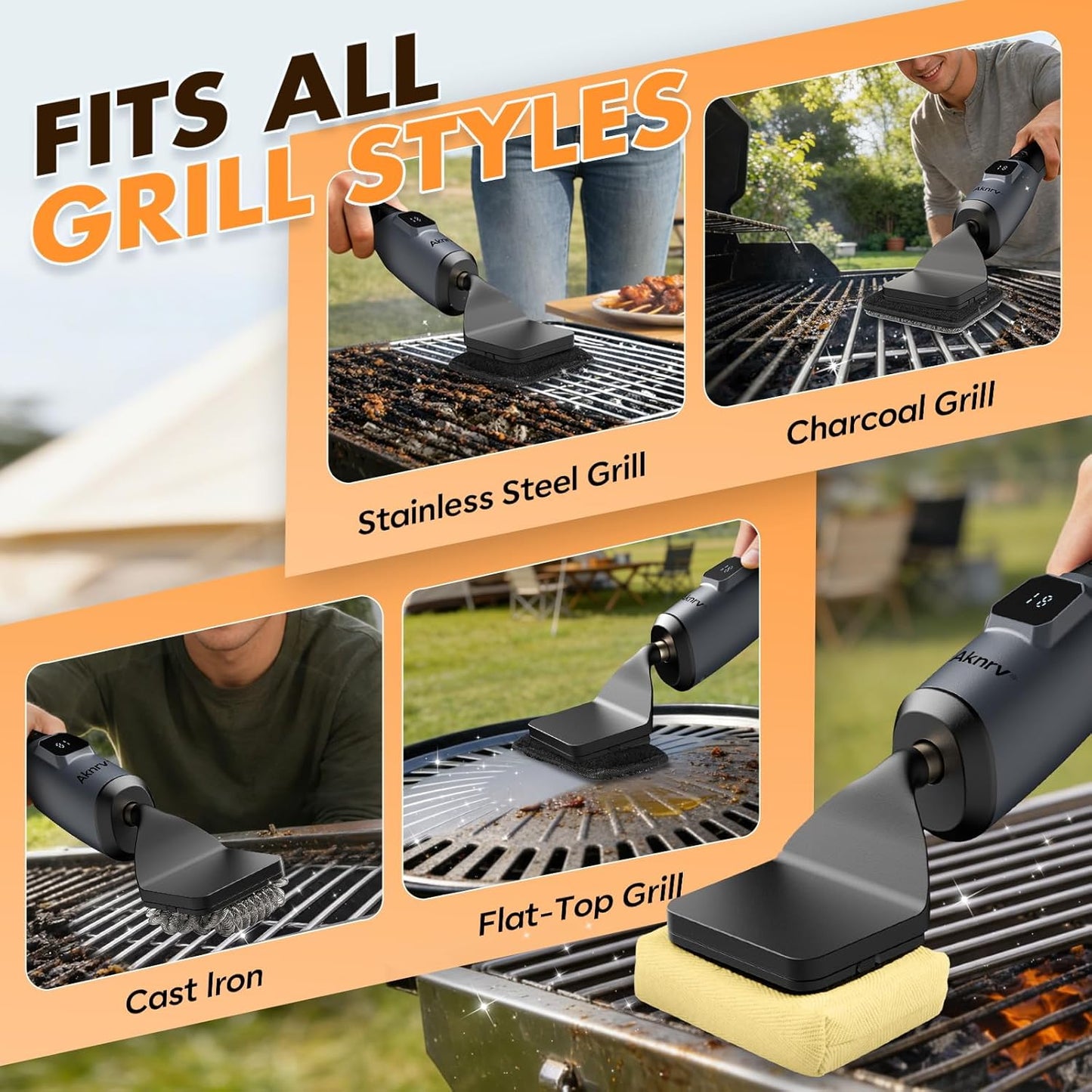 Skiennix Electric Grill Brush - Cordless Bristle-Free BBQ Cleaner with 3 Heads | 240 Mins Runtime (Gray)