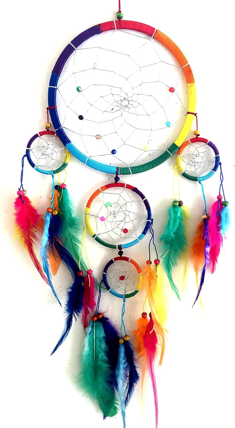 Handmade Rainbow Chakra Dream Catcher - 7" Diameter with Tie Dye Feathers & Beads