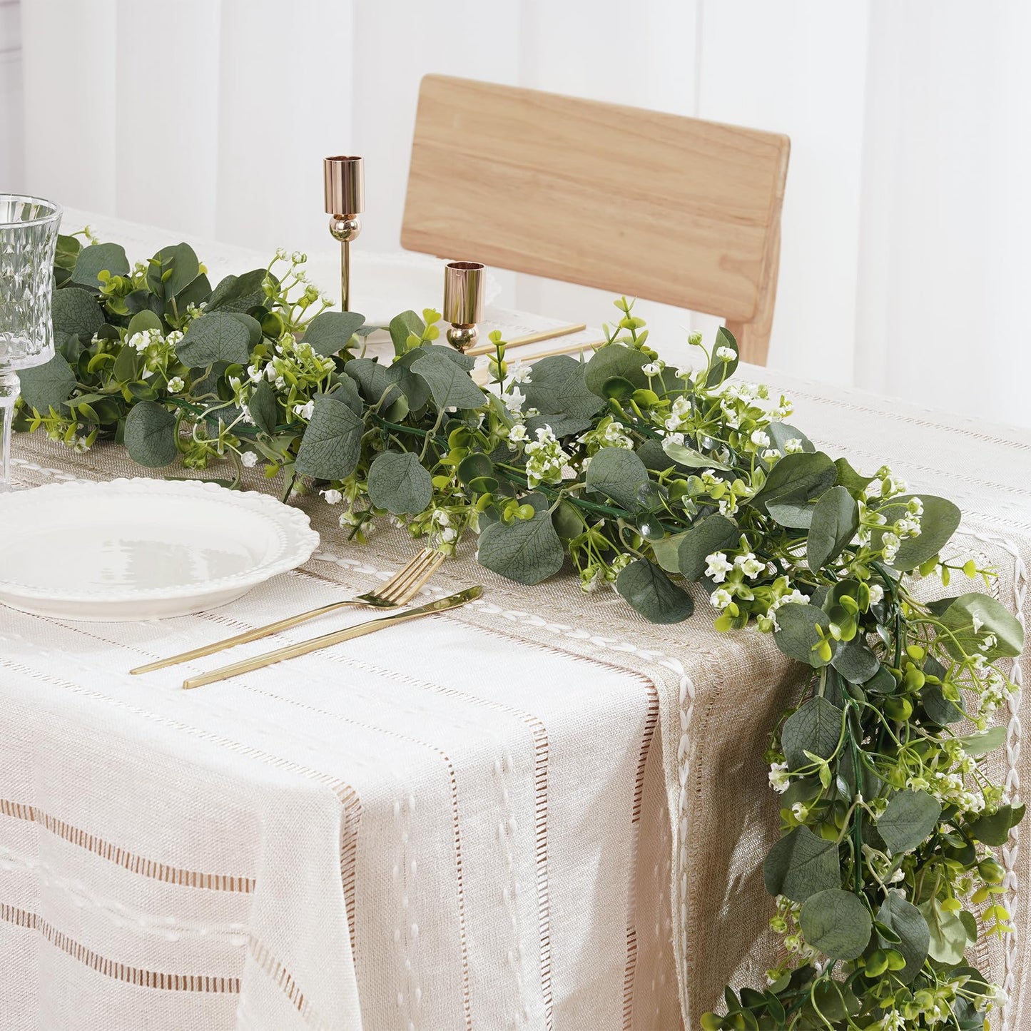 BonBloom's 8 Packs Artificial Eucalyptus Garland with White Flowers 5.9Ft Faux Greenery Garland Vines Spring Garlands for Bedroom Centerpieces Table Wedding Backdrop Arch Mantle Room Decor