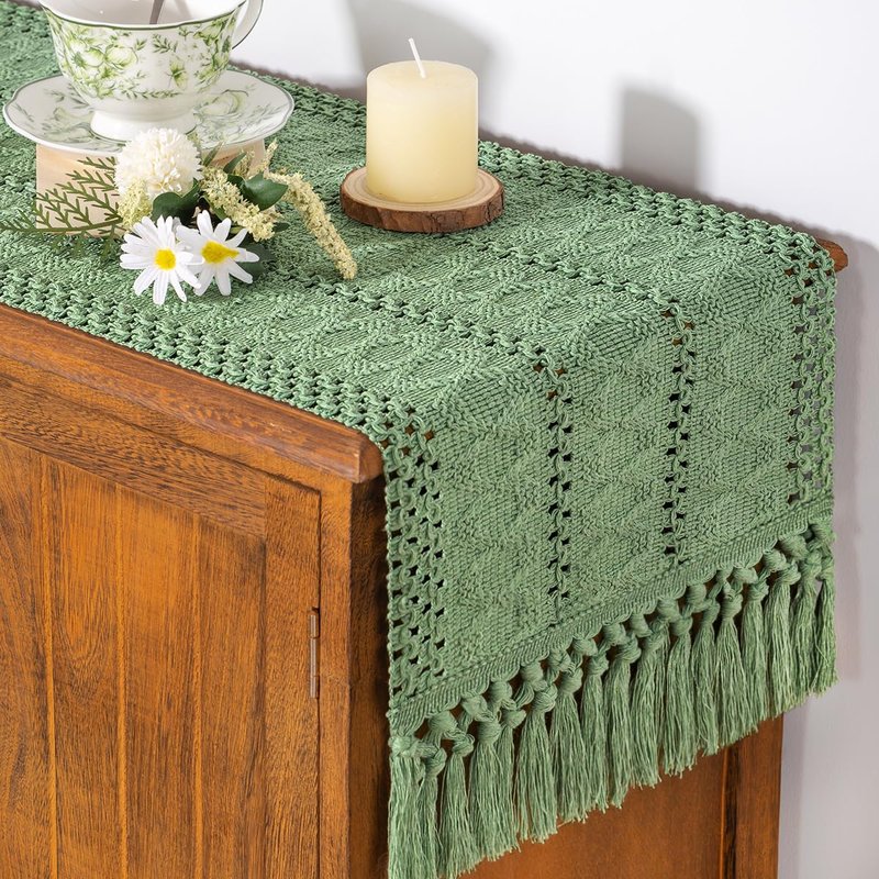 Socomi Sage Green Boho Table Runner Macrame Easter Spring Farmhouse Woven Cotton Linen Rustic Coffee Table Runner with Tassels for Dresser Scarf Home Decor Dining Room 12x90 inch