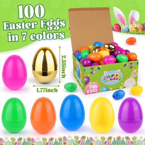 100 Pack 2.4" Colorful Fillable Easter Eggs with 6 Surprise Golden Eggs, Plastic Easter Egg Empty for Easter Egg Hunt Party Favors Kids Easter Basket Stuffers Fillers Classroom Prizes for Boys Girls