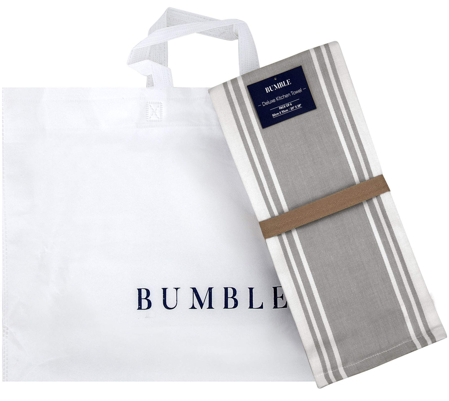 Premium Kitchen Towels (20”x 28”, 6 Pack) | Large Cotton Dish Towels | Flat & Terry Highly Absorbent Kitchen Linen Set with Hanging Loop | Wide Stripe Grey