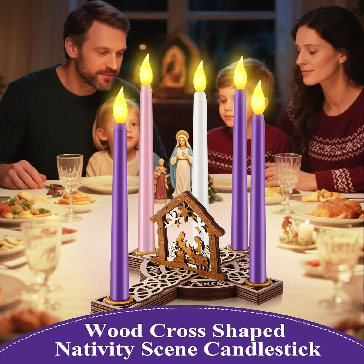 Skiennix Christmas Advent Wreath Candle Holder - 5 Pcs Flameless Candles & Wood Cross Nativity Scene Decor