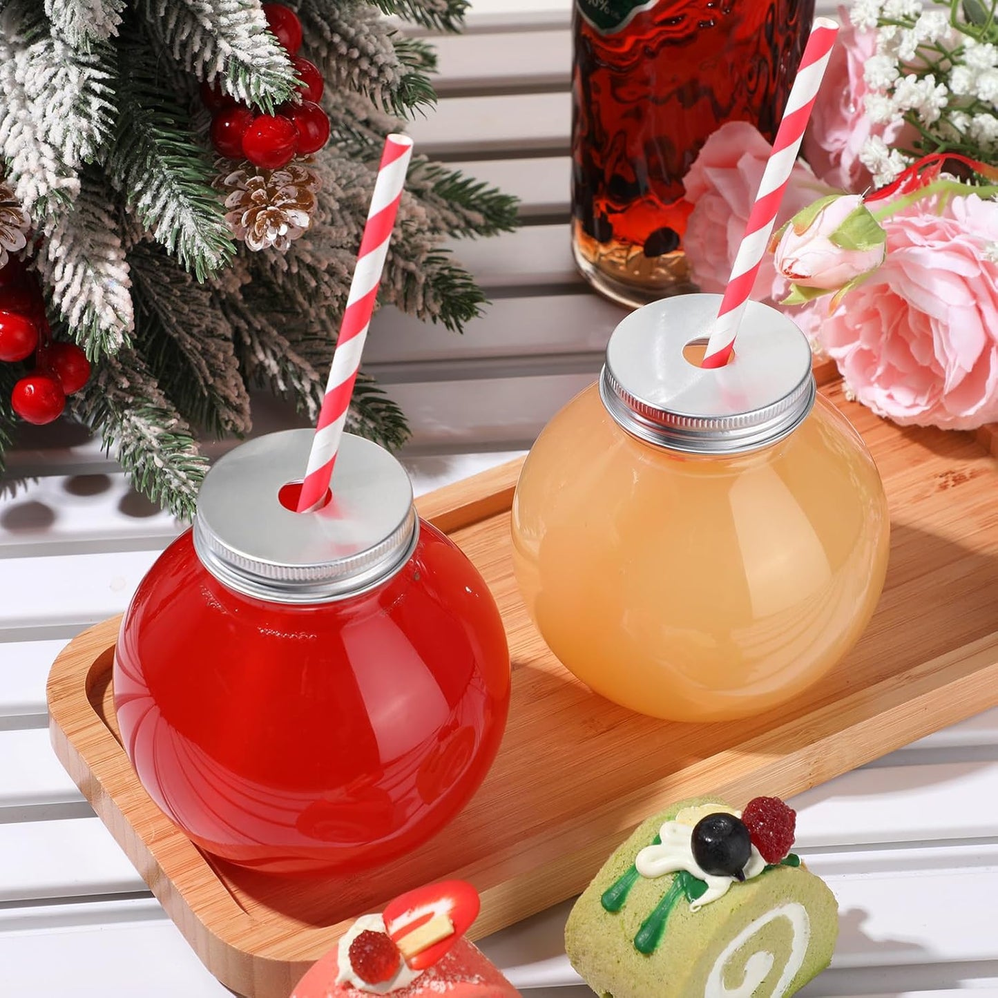 Yaomiao 24 Pcs 10 oz Mini Plastic Fish Bowl Ornament Cups for Drinks Clear Spherical Potion Bottles with Lids and Straws Bulb Cups for Christmas Carnival Candy Party Decorations (Red)