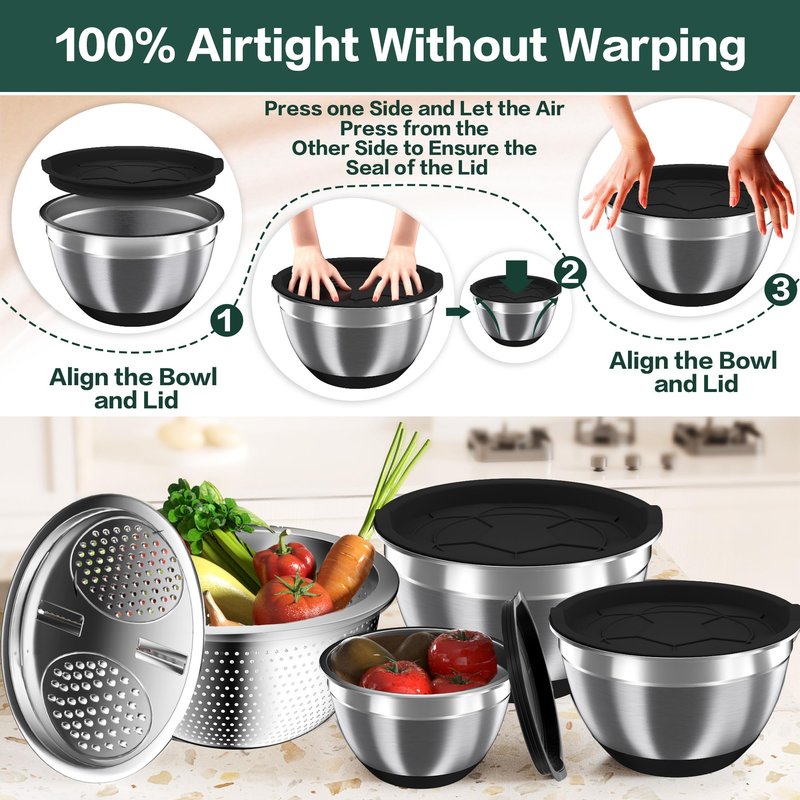 Nicdiet Mixing Bowls with Airtight Lids, Stainless Steel Mixing Bowl Set with 3 Metal Nesting Bowls, Colander & Grater, Non-Slip Bottoms, Size 1.5, 2.5, 5 QT, Great for Mixing & Serving, Black