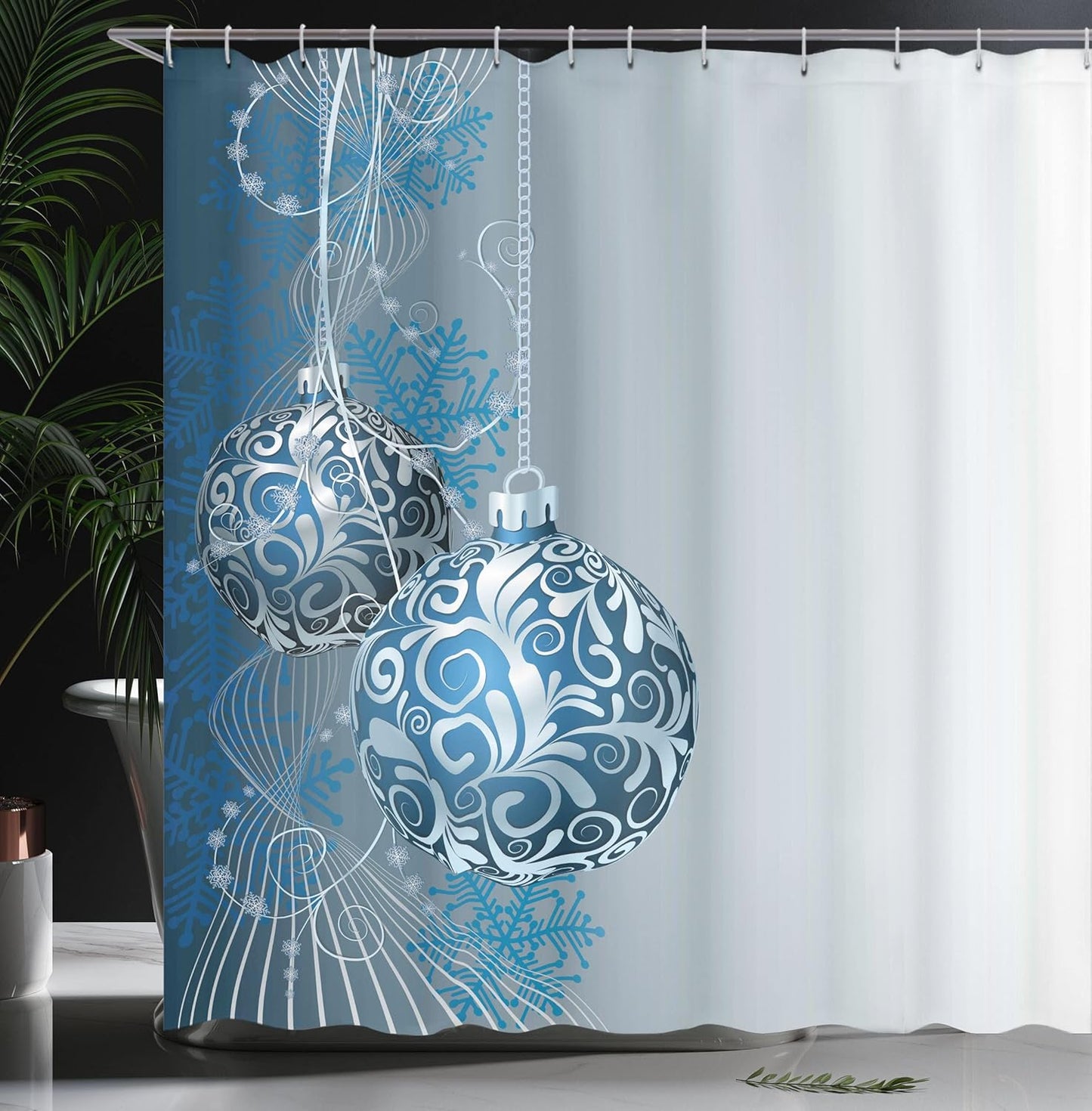 Snowflake Motif Christmas Shower Curtain Set - Abstract Blue & White Design, 69" x 70" with Hooks