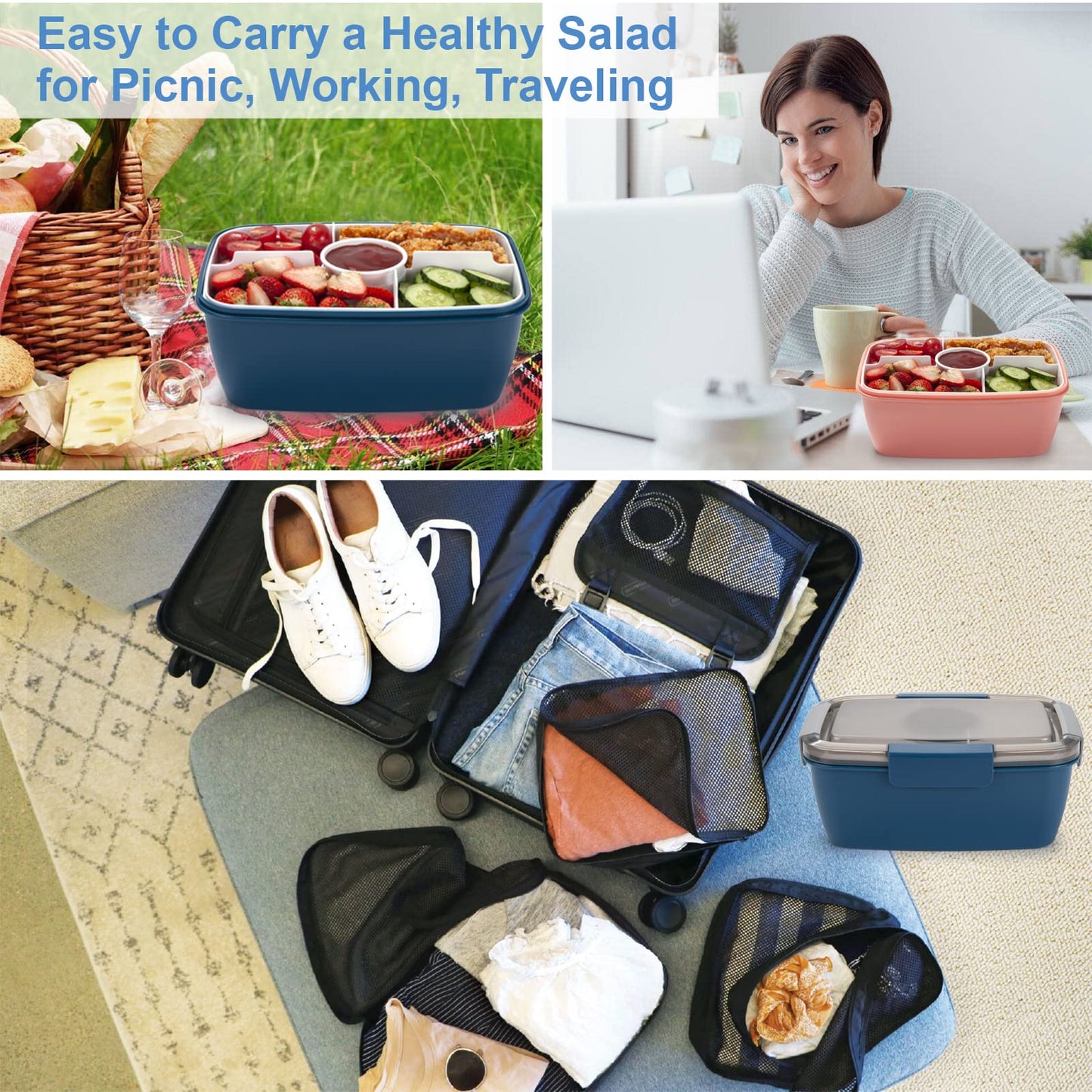 Freshmage Large Salad Container for Lunch, 2 Packs 68oz Salad Bowls with 5 Compartments, Salad Dressings Container for Salad Toppings, Snacks, Men, Women (Pink+Blue)