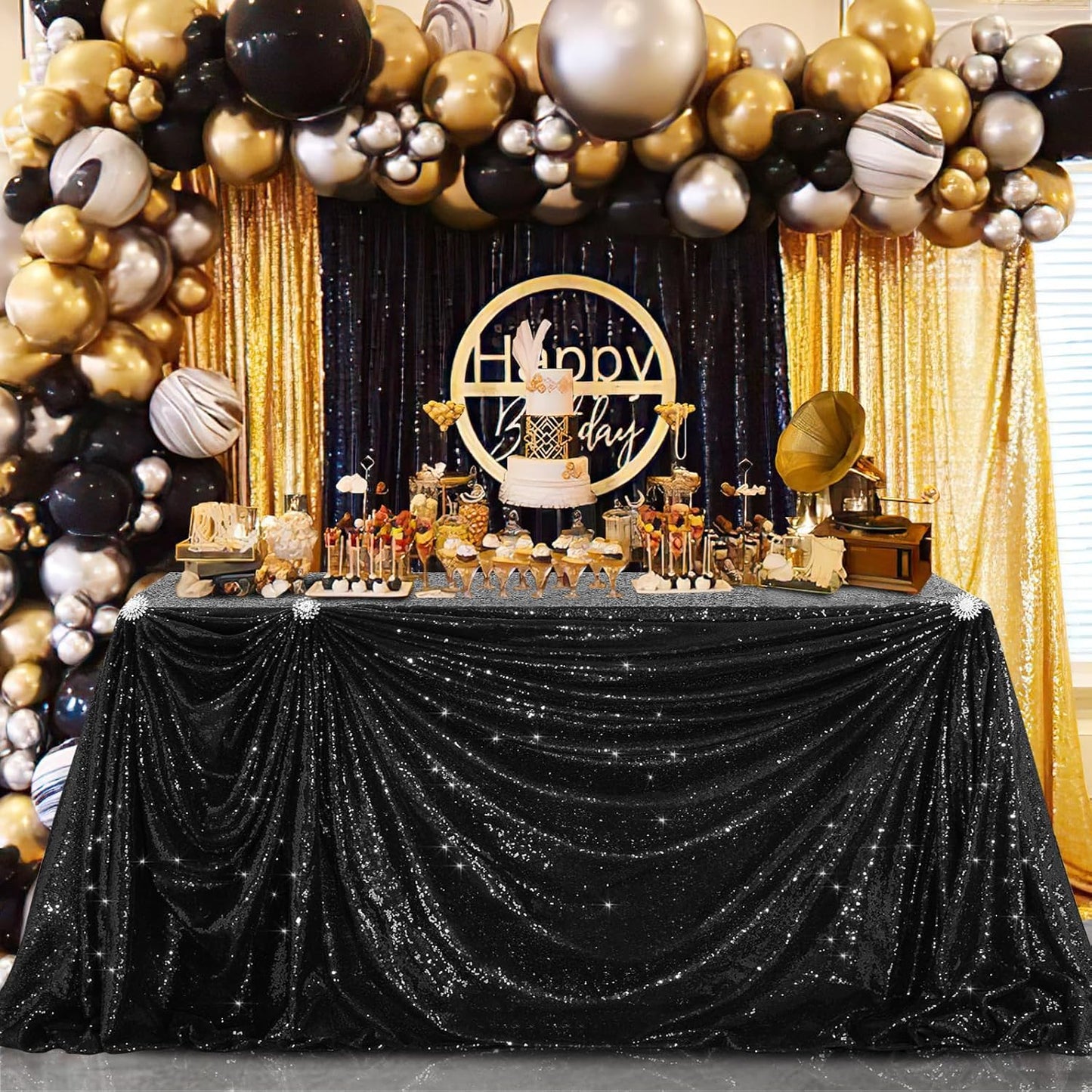 Black Sequin Tablecloth 50x80" – Shimmer Rectangular Overlay for Weddings & Parties