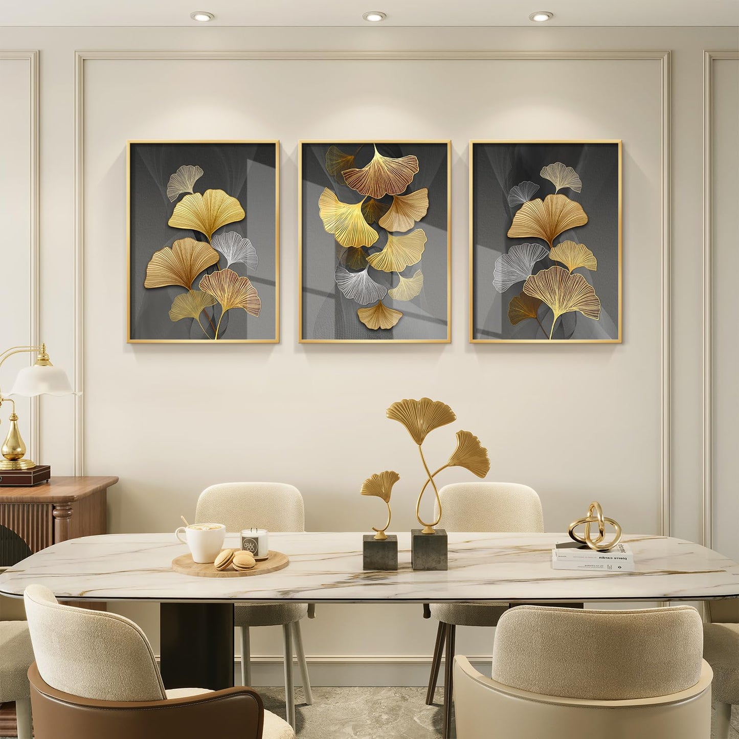 Framed Leaf Wall Art Set -Modern Gold Framed Abstract Leaves Prints Pictures Wall Decor, 3 Piece Minimalist Plant Paintings for Living Room Bedroom Home Office Kitchen and Dining Room Home Decor 12x16