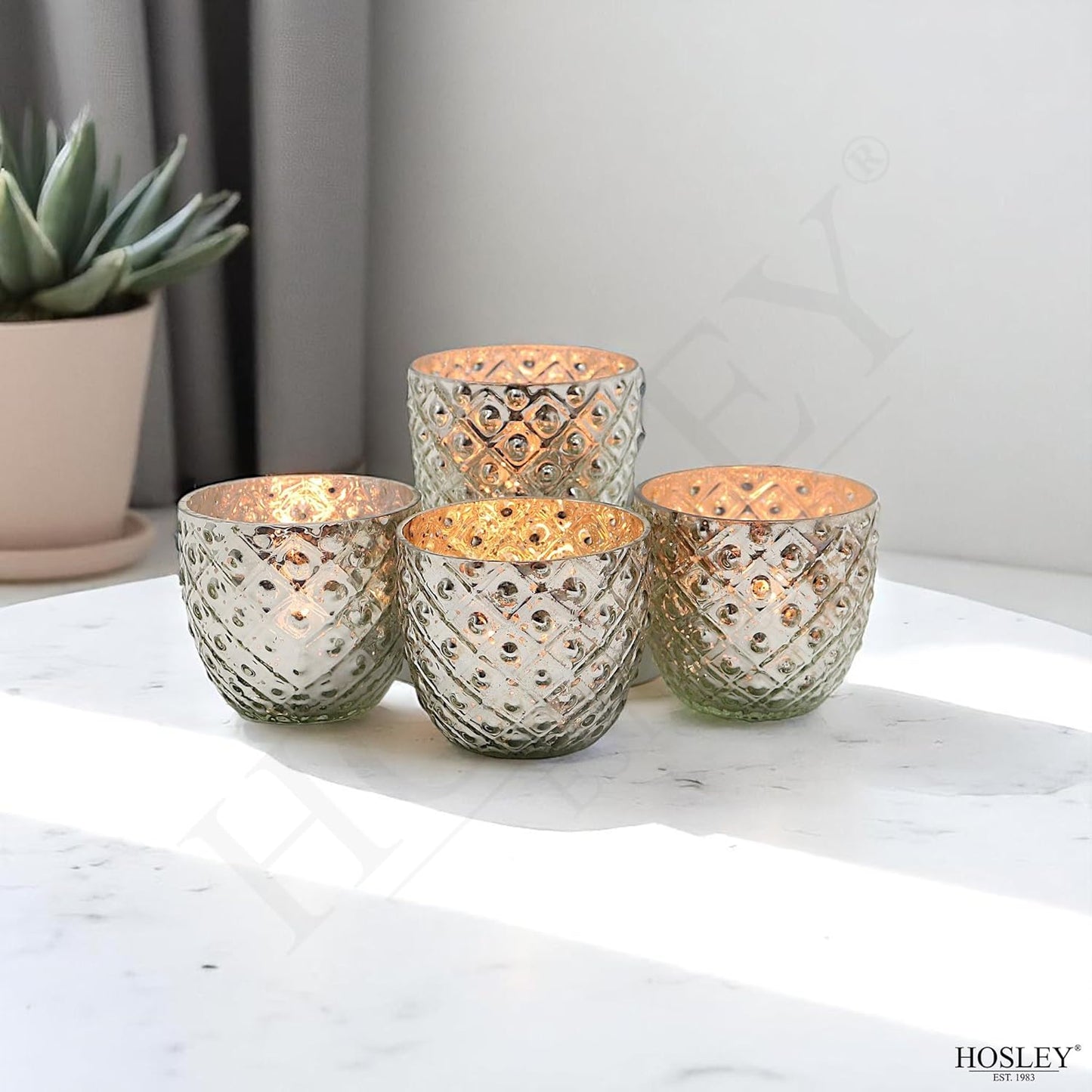 Antique Silver Glass Votive Tealight Candle Holders - Set of 6, 2.75" Diameter for Weddings & Events