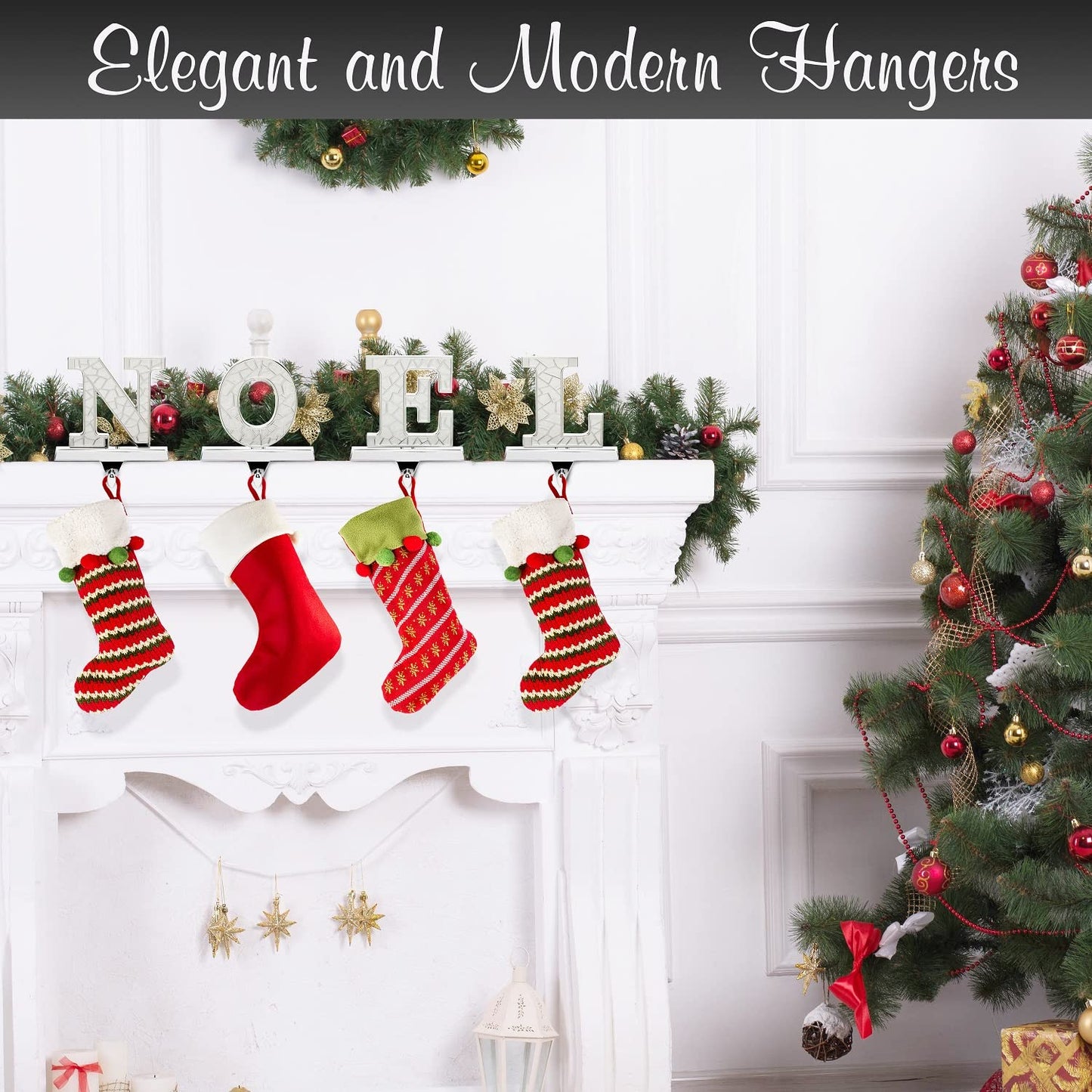 Holiday Jingle Stocking Holder for Mantle – 4pc N O E L Christmas Stocking Holders Nickel – Stocking Holders with Velvet Bottom – Durable Metal Stocking Holders