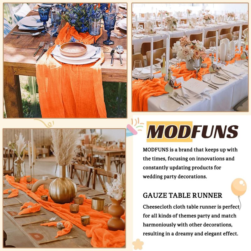 MODFUNS Cheesecloth Table Runner Orange Boho Gauze Table Runner 10ft Halloween Cheese Cloth Table Runners Cotton Fabric Cheese Table Cloth Sheer Gauze Table Cover Wedding Halloween Party Table Decor