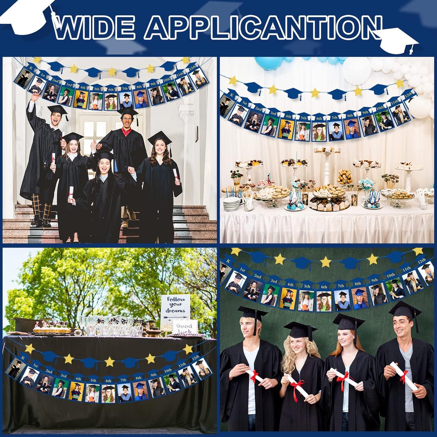 Whaline Graduation Photo Banner - No DIY Required | Blue Gold Glitter Bunting for 5 x 7 Inch Pictures
