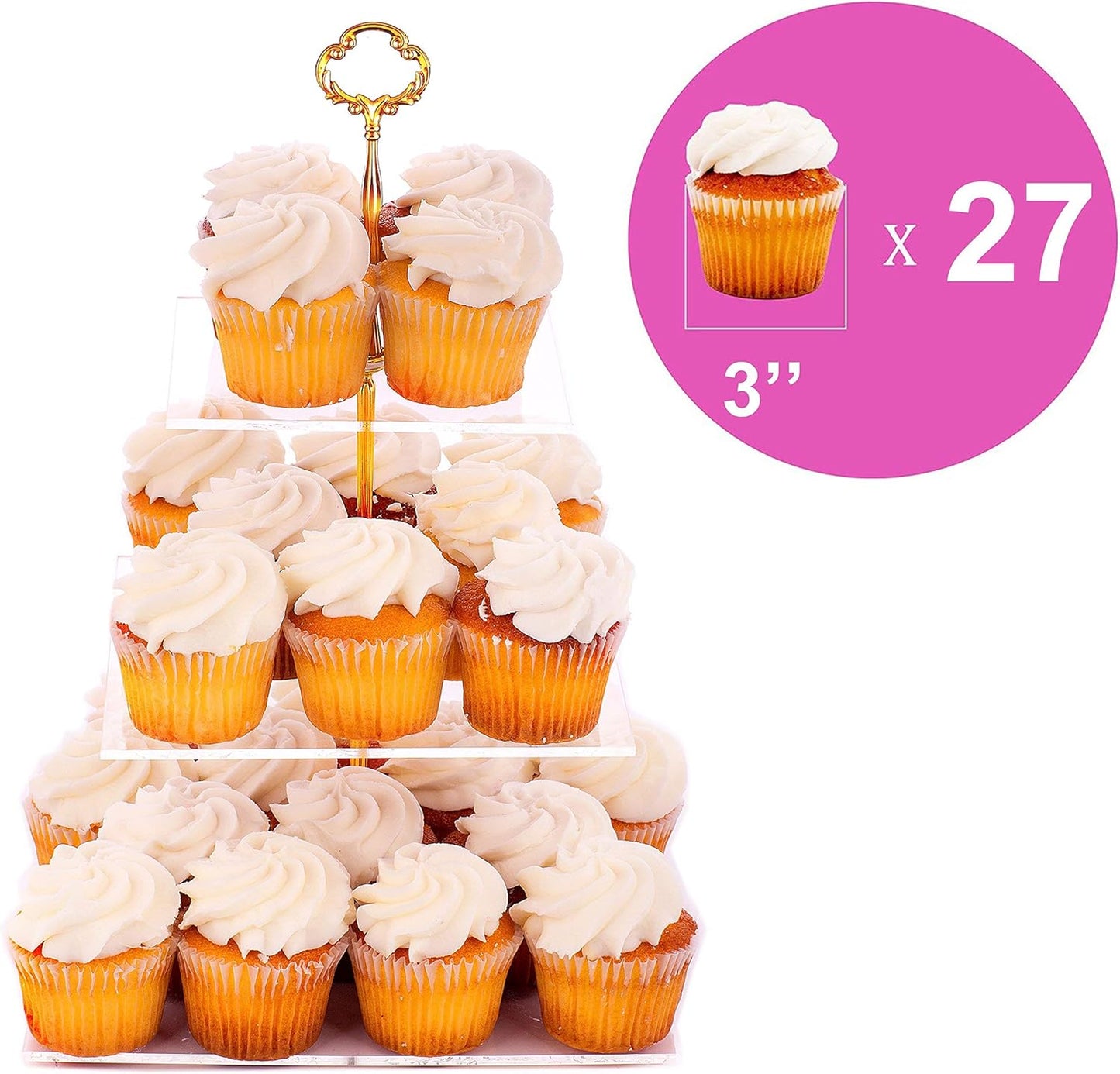3-Tier Acrylic Cupcake Stand - Elegant Dessert Display Tower in Gold (Model 3SG-V2)