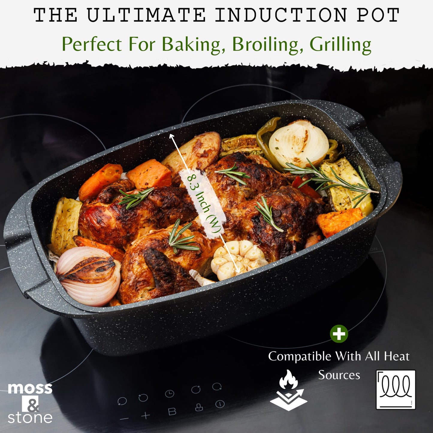 Moss & Stone 12 Inch Large Skillet With Lid, 5 Quart Saute Pan With Lid, Dishwasher & Oven Safe Skillet, Double Handled Nonstick Deep Frying Pan With Non Toxic Stone Coating, PFOA Free Everyday Pan
