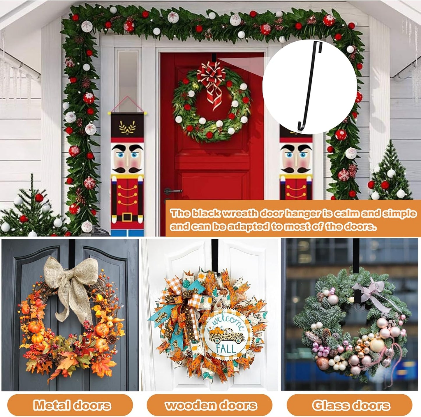 PECULA Wreath Hangers - 2 Pack 14" Metal Hangers for Front Door | 40lb Load-Bearing, Black Finish
