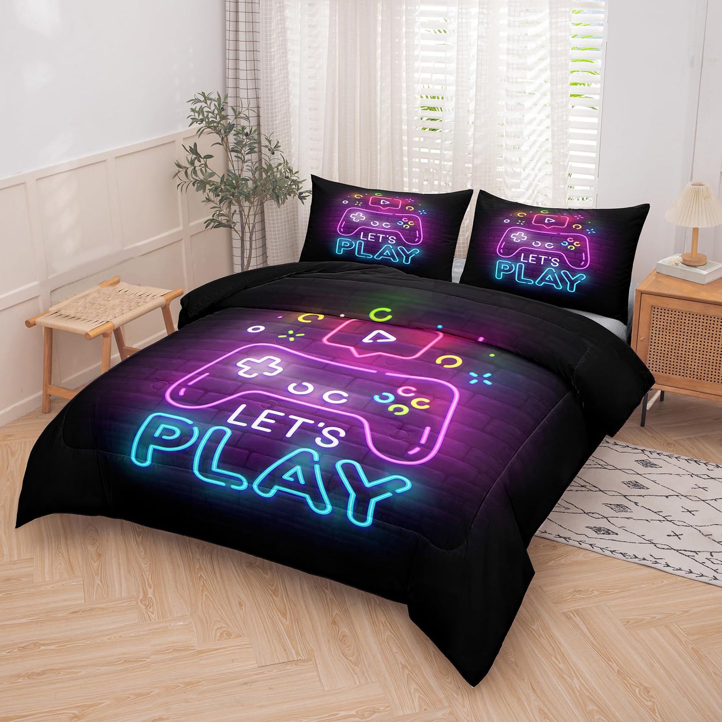 NINENINE Gaming Bedding Sets Queen Size Comforter Sets for Boys, Gaming Bedding Sets for Boys,Geometric Lightweight Gaming Contoller Bed Set with 1 Comforter 2 Pillowcases