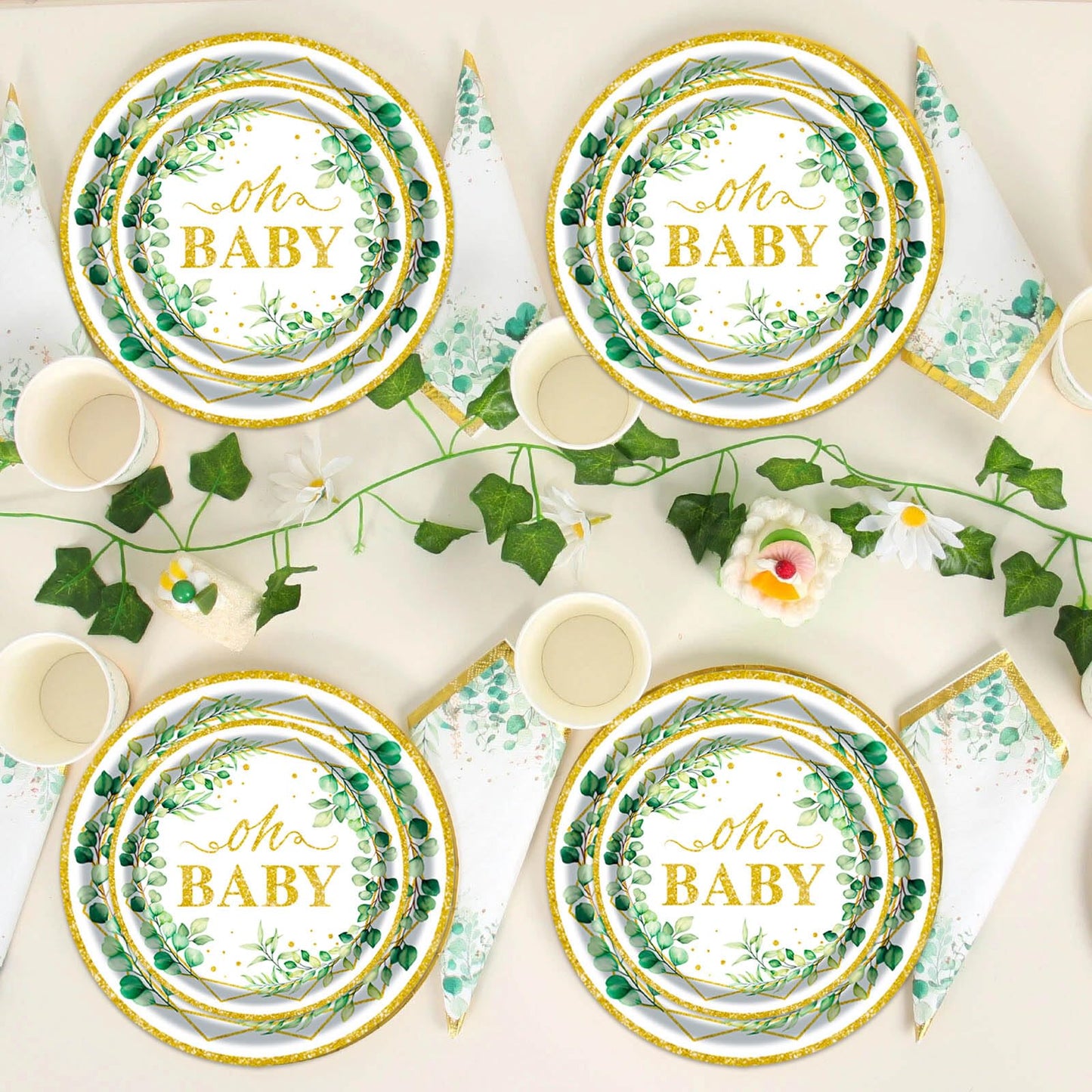 Sage Greenery Baby Shower Plates and Napkins Tableware Set - 175pcs Gender Neutral Baby Shower Decorations Oh Baby Party Supplies, Disposable Paper Plates Napkins for Baby Girl Boy Shower Decorations