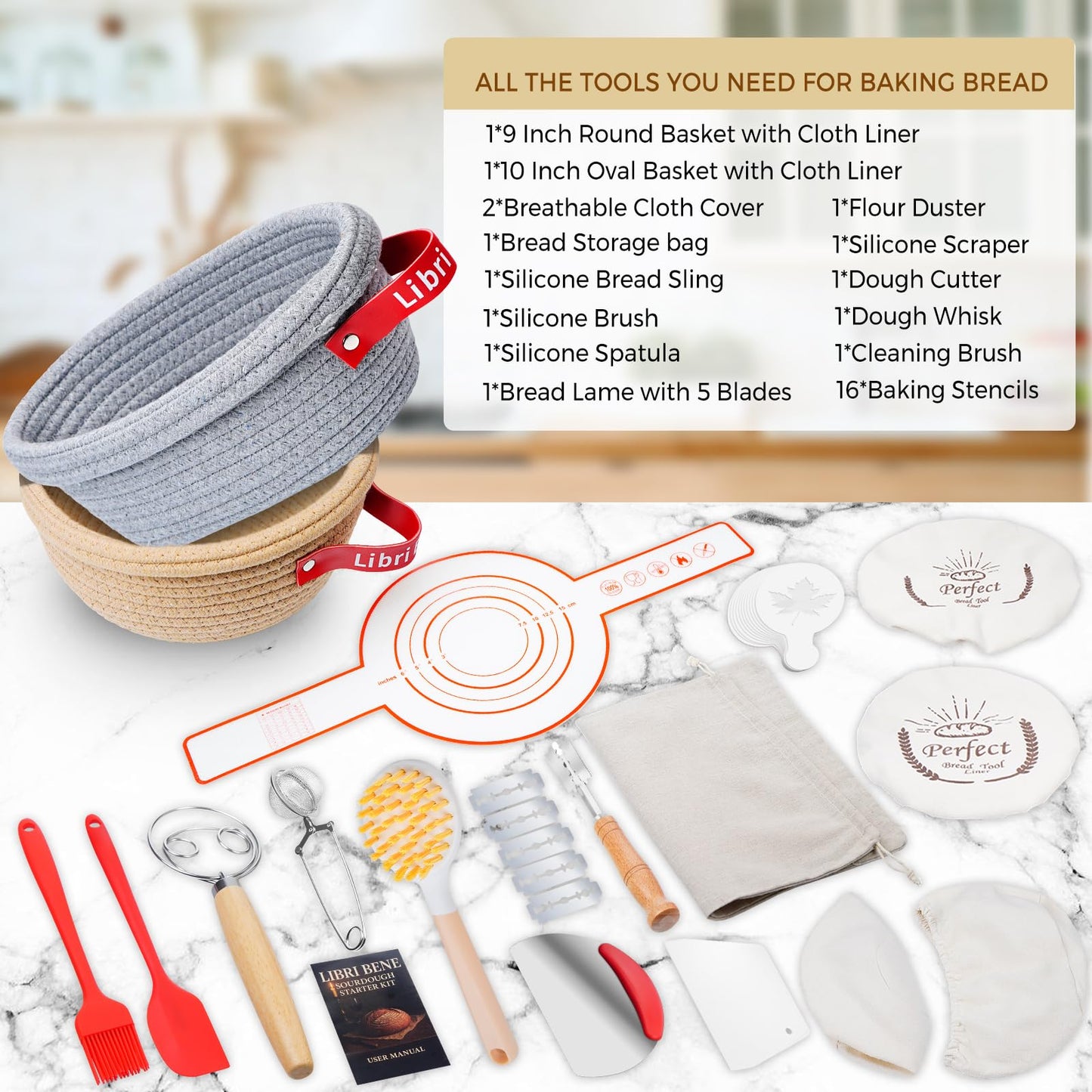 Sourdough Starter Kit,sourdough Bread Baking Supplies,Bread Proofing Basket,Sourdough Proofing Basket,Sourdough Kit Gifts for Bakers Women Wife Mom