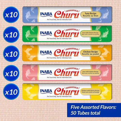INABA Churu Cat Treats - Grain-Free Lickable Creamy Purée with Vitamin E & Taurine | Tuna & Chicken, 50 Tubes