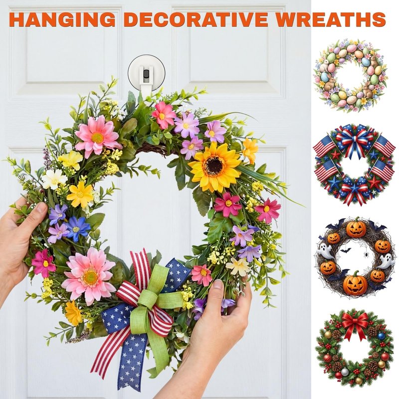 Ofiray-home Wreath Hangers, 2 Pack Heavy Duty Wreath Hangers for Front Doors/Windows/Over Door, No Drill & Reusable Suction Cup Hooks for Bedroom, RV, Bathroom and Home Storage Hooks(White)