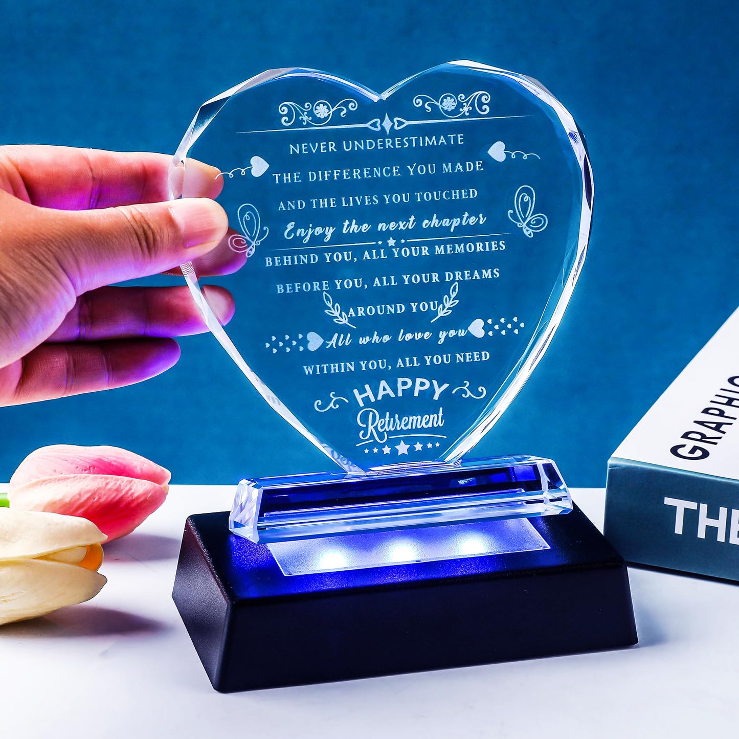 YWHL Retirement Gift for Woman 2024 with LED Base Best Retirement Gifts Ideas for Men Happy Retirement Appreciation Gift for Coworkers Crystal Heart Plaque Going Away Farewell Goodbye Gift for Retired