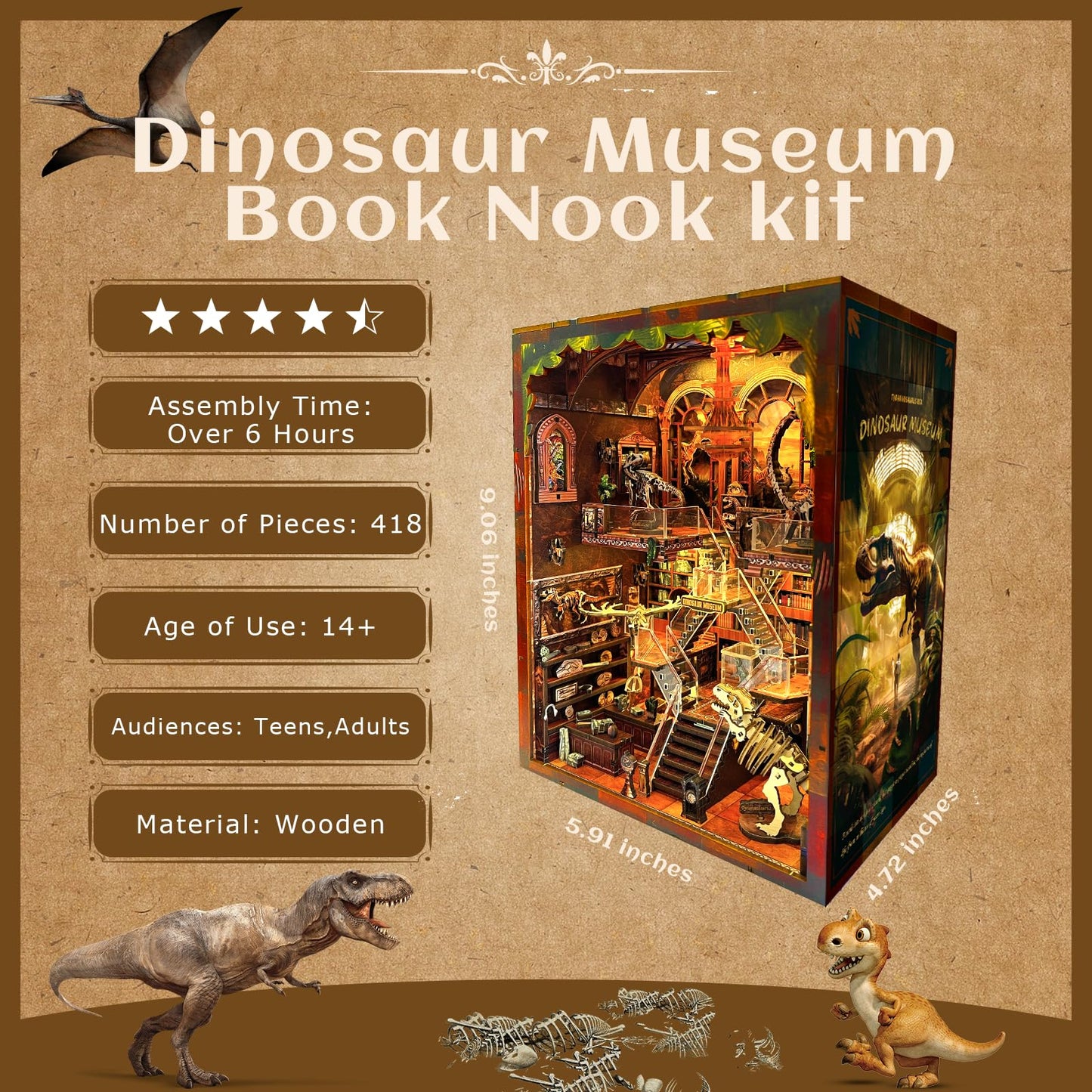 VORATHIS DIY Wooden Puzzle with Night Light, Miniature House Kits, Stunning Bookshelf Insert Decor, Ideal Gift for Holidays, Birthdays, and Home Library Decoration(Dinosaur Museum)