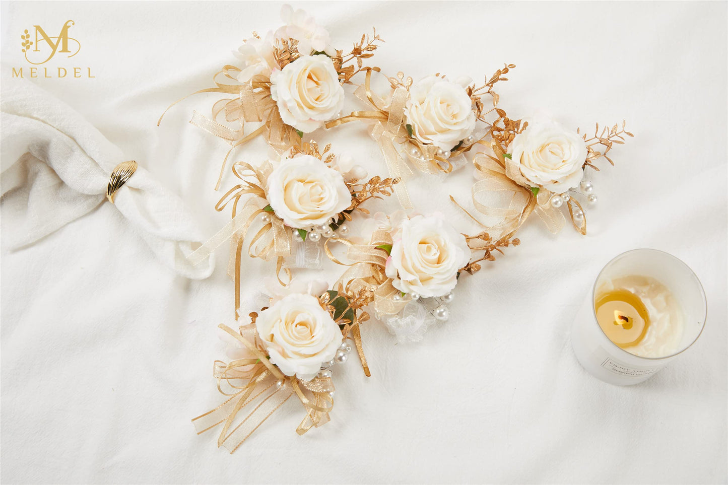 Meldel Rose Wrist Corsage for Girls Women Bride Bridesmaid, Set of 6, Champagne Hand Flower Wedding Artificial Flowers Accessories for Prom Party