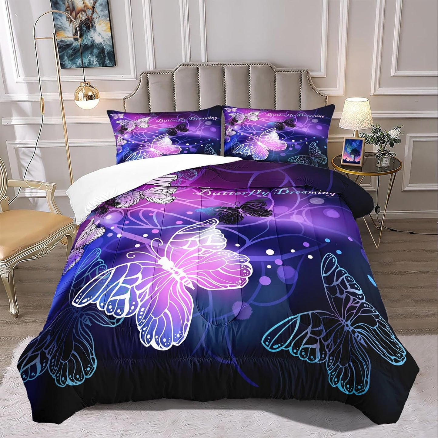 Cute Cartoon Dinosaur Bedding Set, Ultra Soft Full Size Comforter Set for Boys, Lovely Dinosaur Printed Comforter for Kids Teens, Dark Blue Microfiber Quilt for All Season 3Pcs with Pillowcases