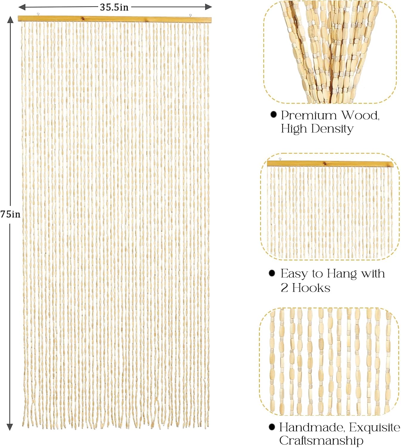 35.5" x 75" Bamboo and Wood Beaded Curtain for Doorway 52 Strands Handmade Bohemian Door Beads Curtain Boho Hanging Room Divider for Bedroom Living Home Deco, Beige