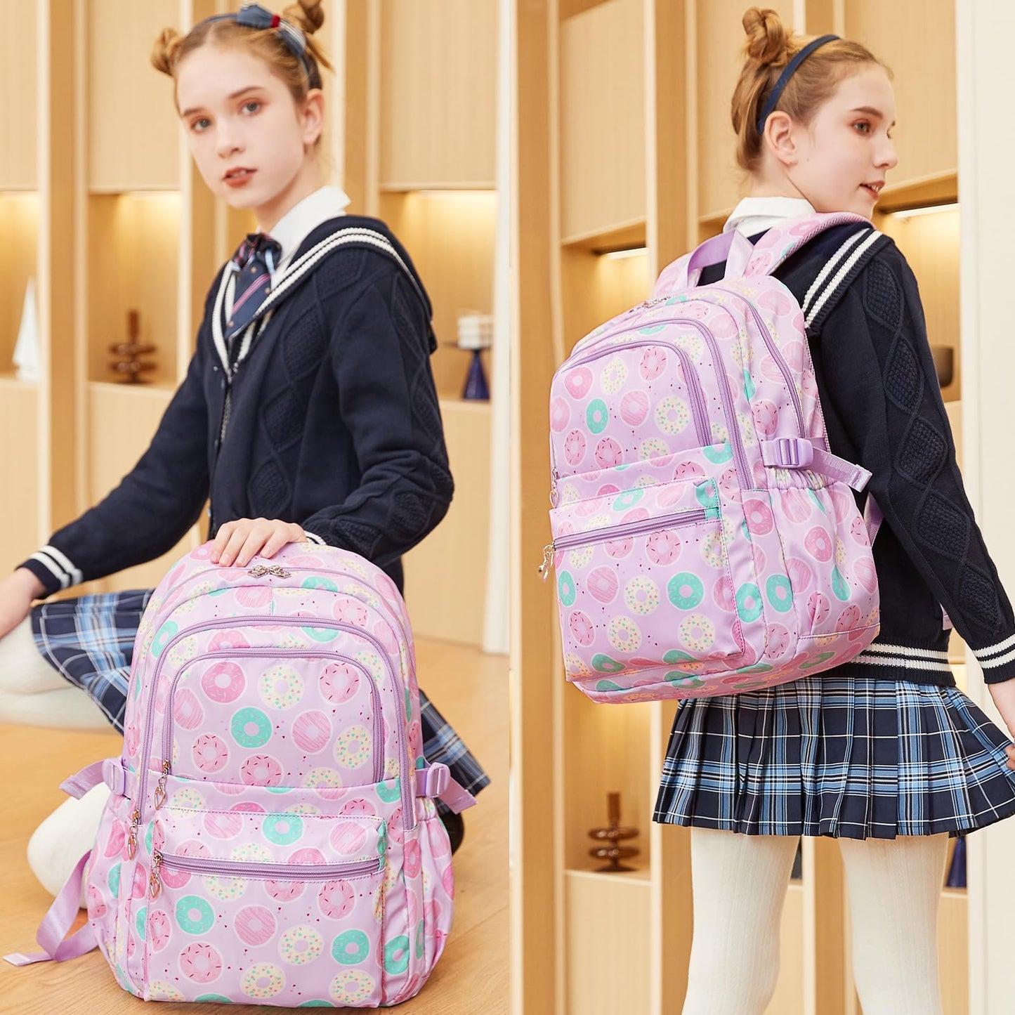 Joyfulife 3Pcs Donut Prints Backpack Sets Kids Bookbags Primary School Daypack Elementary Students Knapsack for Teens Girls
