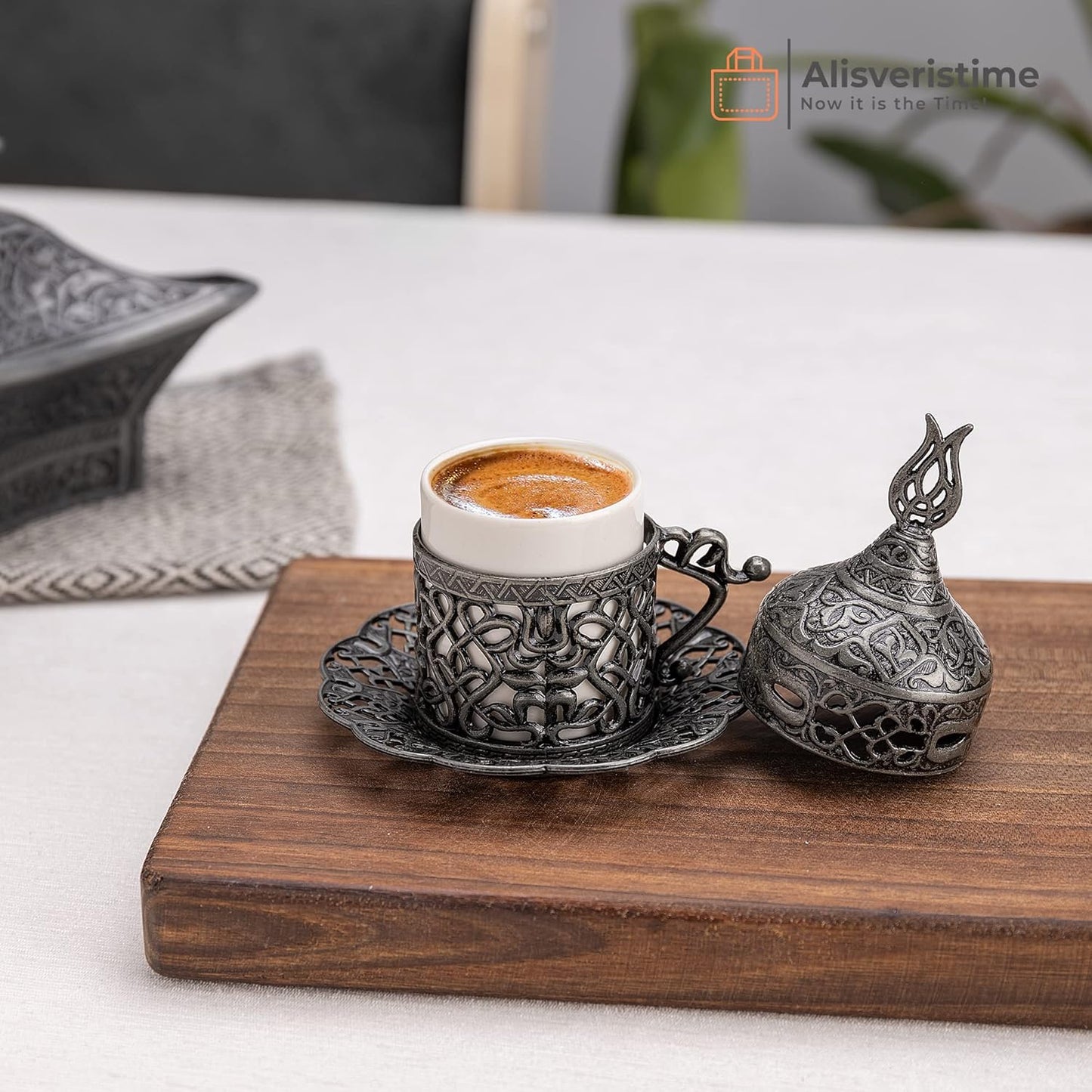 Alisveristime Turkish Coffee Set for Two - Authentic Ottoman Style Cups, Saucers, and Serving Tray with Lale Motifs (Acur) (Copper)