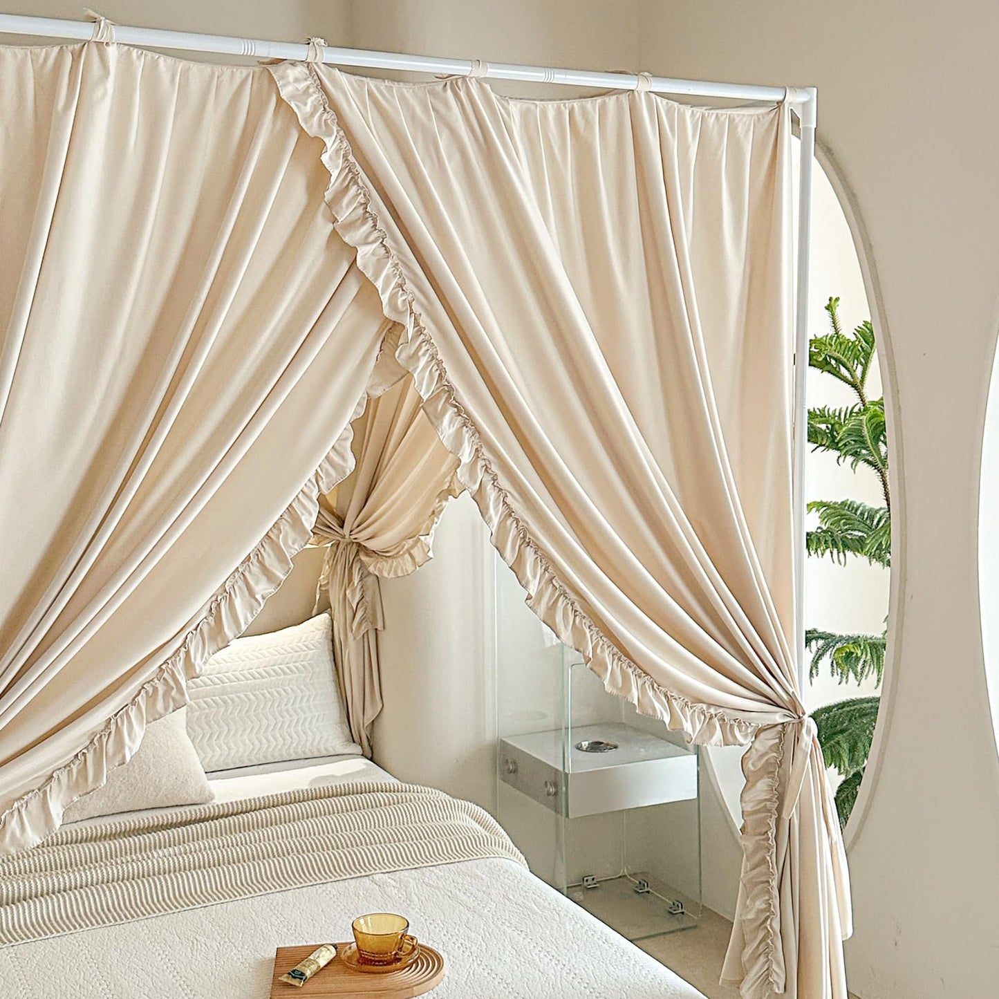 AIKASY Princess Canopy Bed Curtains with Top Ties - Windproof & Lightproof for Girls' Adult Bedroom Decor | Bed Canopy Drapes (Queen,Khaki)