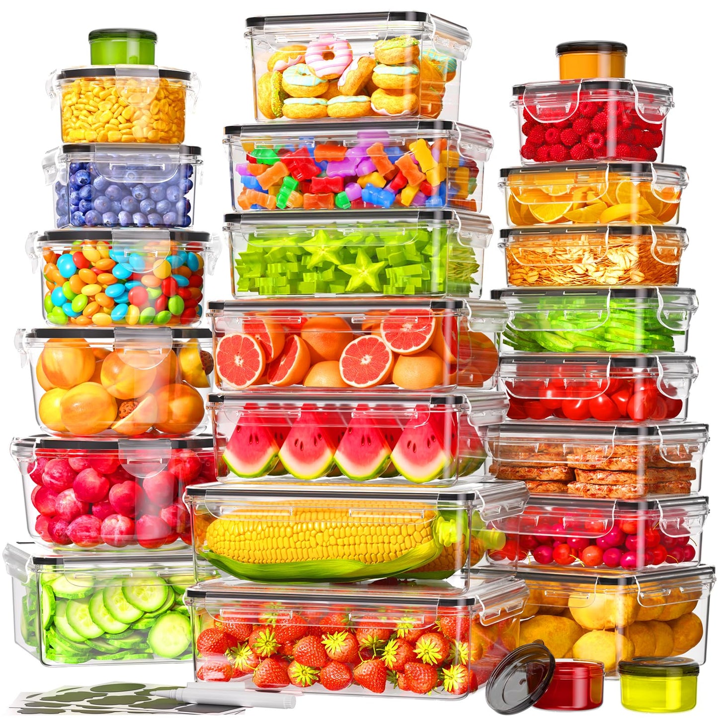 KEMETHY 50 Pcs Large Food Storage Containers with Lids Airtight, Total 628.8OZ Stackable Kitchen Organization Set, BPA-Free Plastic Meal Prep Container with Labels & Marker Pen