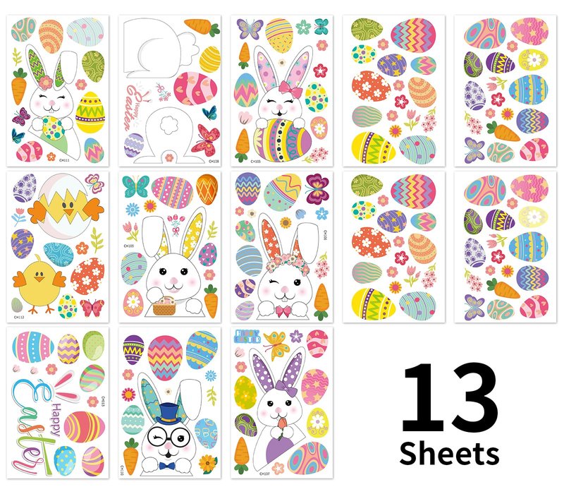 YOTNUS Easter-Window-Clings-Decorations, 13 Sheets Easter Decals for Glass Windows, for Office Home School Decoration Party Supplies