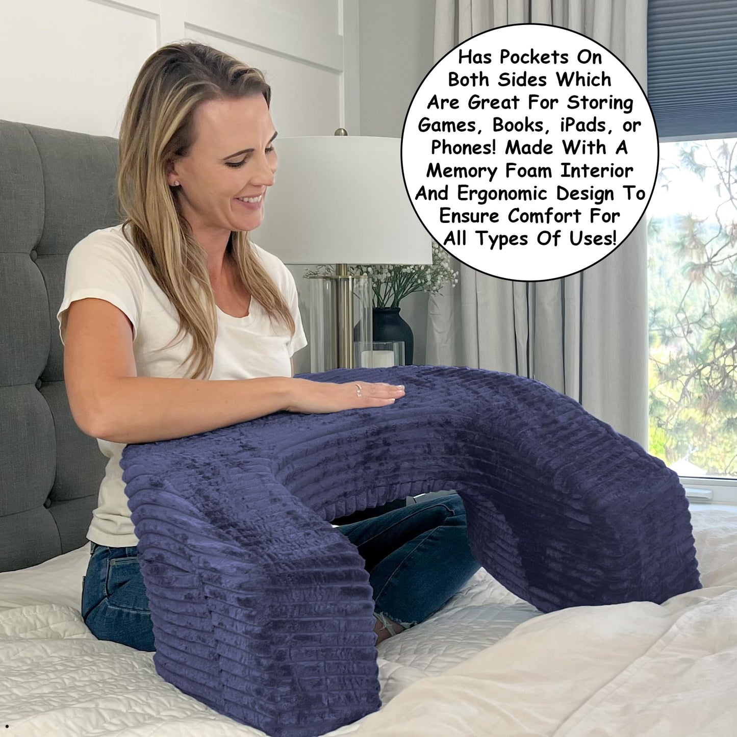 3-in-1 Reading Pillow for Gaming, Extra Large with Reading Light and Wrist Support Pillow, Memory Foam Lap Desk Bed Rest Pillow with Arm Rest, for Working, Playing Steam Deck Switch or Sitting