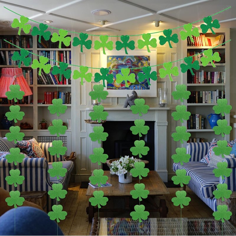 St Patricks Day Decorations St. Patricks Day Decor NO DIY 8Pcs Shamrock Clover Garland Hanging Felt Glitter Paper Lucky Banner for Home Mantel Office Irish Day Party Supplies