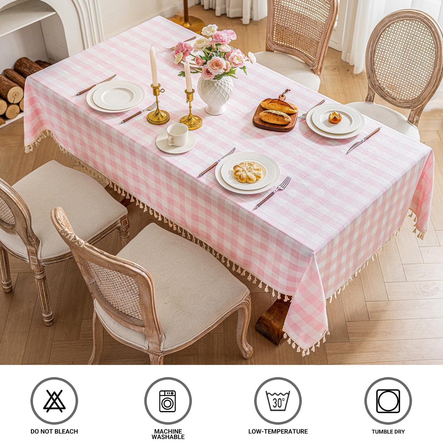 NALVXIN Checkered Tablecloth Rectangle Cotton Linen Gingham Table Cloth with Tassel Washable Wrinkle Free Heavy Duty Buffalo Plaid Table Cover for Dining/Party/Picnic (Pink, 55" x 55" (Square))