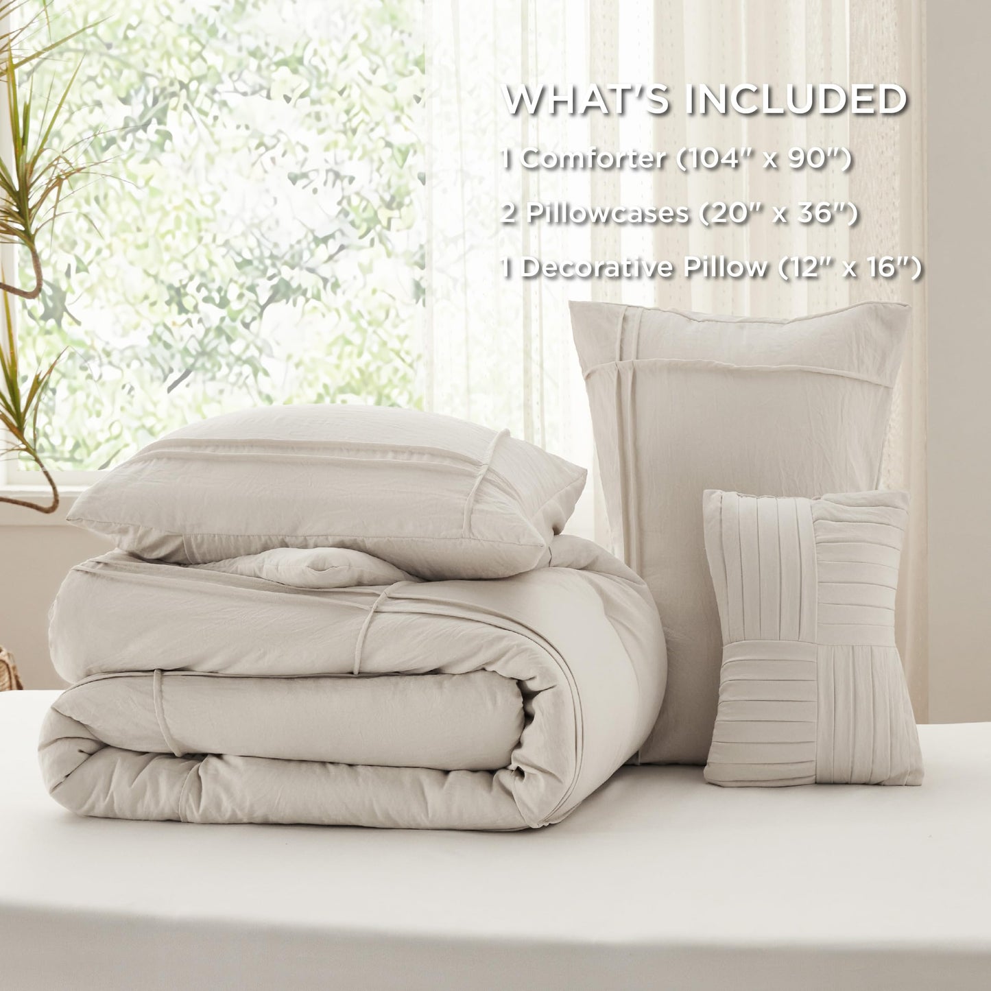Bedsure King Comforter Set - 4 Pieces Grid Pleat Bed Set, Beige Boho Bedding for All Season, 1 Soft Comforter, 2 Pillowcases, 1 Decorative Pillow