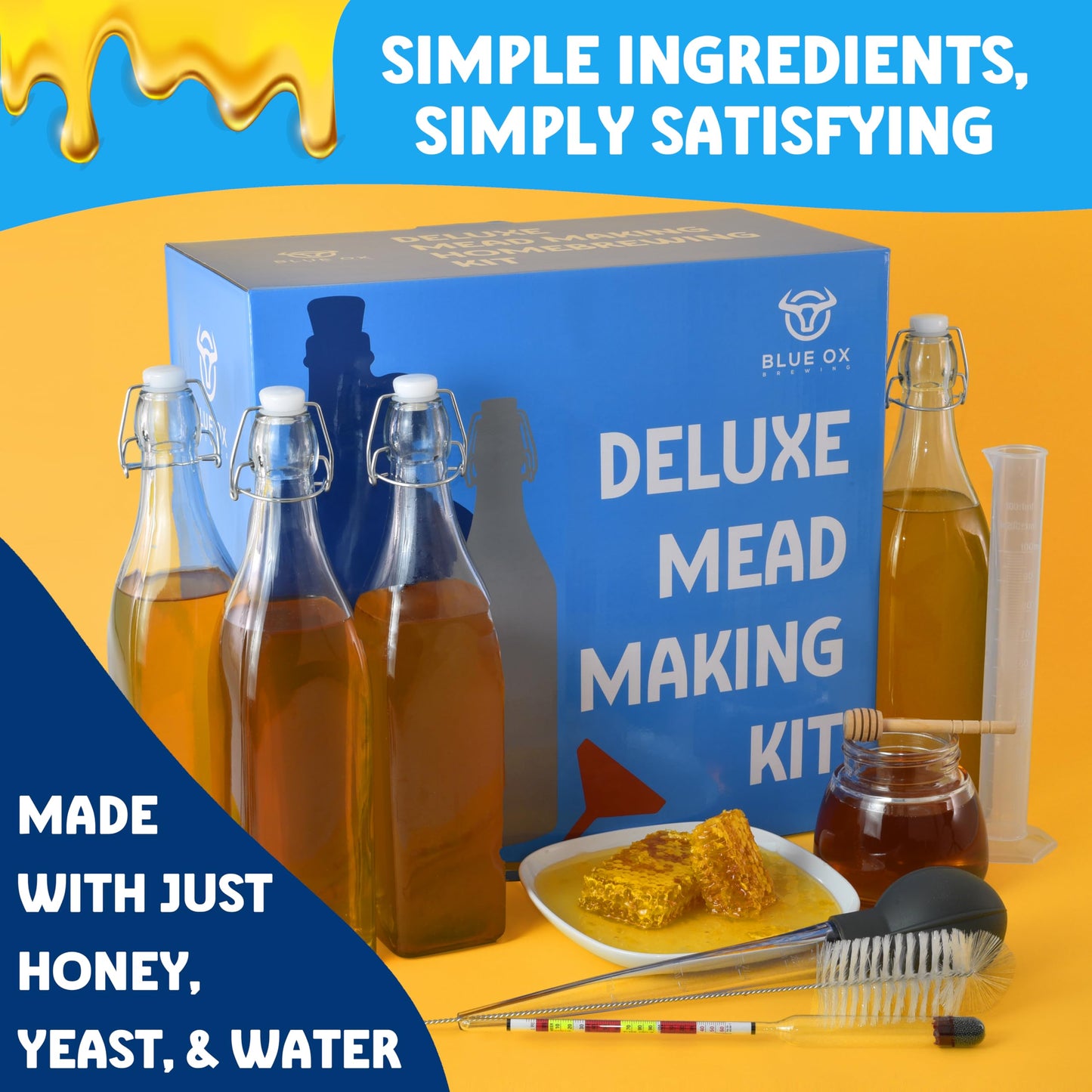 Blue Ox Brewing DELUXE Mead Making Kit with Storage Bottles, Hydrometer & Extra Yeast Nutrients - Honey Wine Making Kit - Mead Kit Complete - Mead Supplies for 1 Gallon of Mead – Mead Brewing Kit