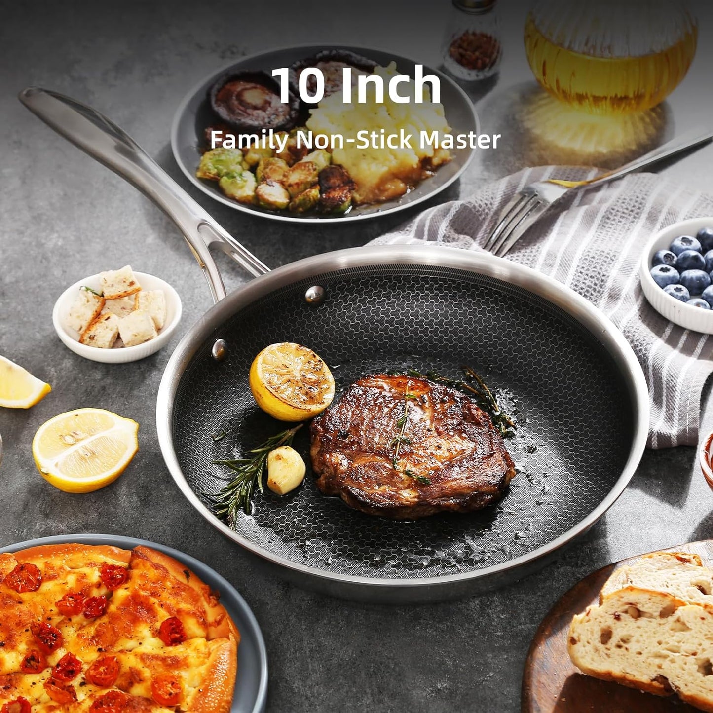 Skiennix Deluxe Hybrid Ceramic Nonstick 10-Inch Fry Pan - Tempered Glass Lid, Stay-Cool Handles, PFOA Free
