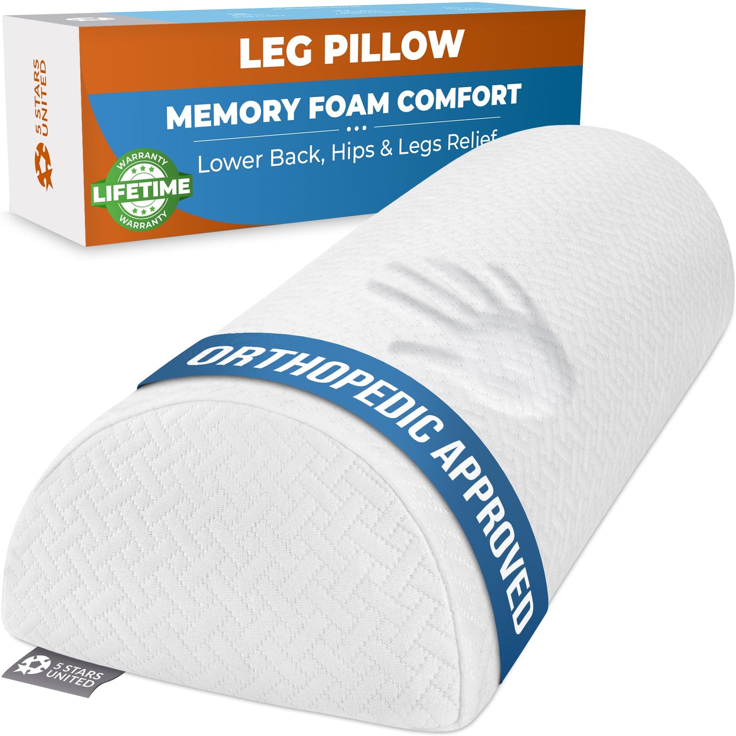5 STARS UNITED Knee Pillow for Back Sleeping - Memory Foam Bolster Pillow for Legs and for Back Pain - Under Knee Pillow for Sleeping on Back - Half Moon Pillow - Roll Knee Support Pillows for Bed